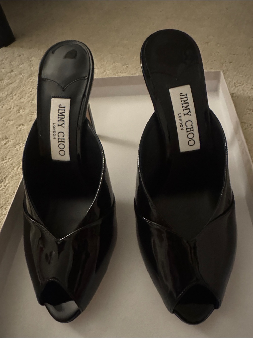 Jimmy Choo Black Patent Leather Peep-Toe Mules with Slip-On Design